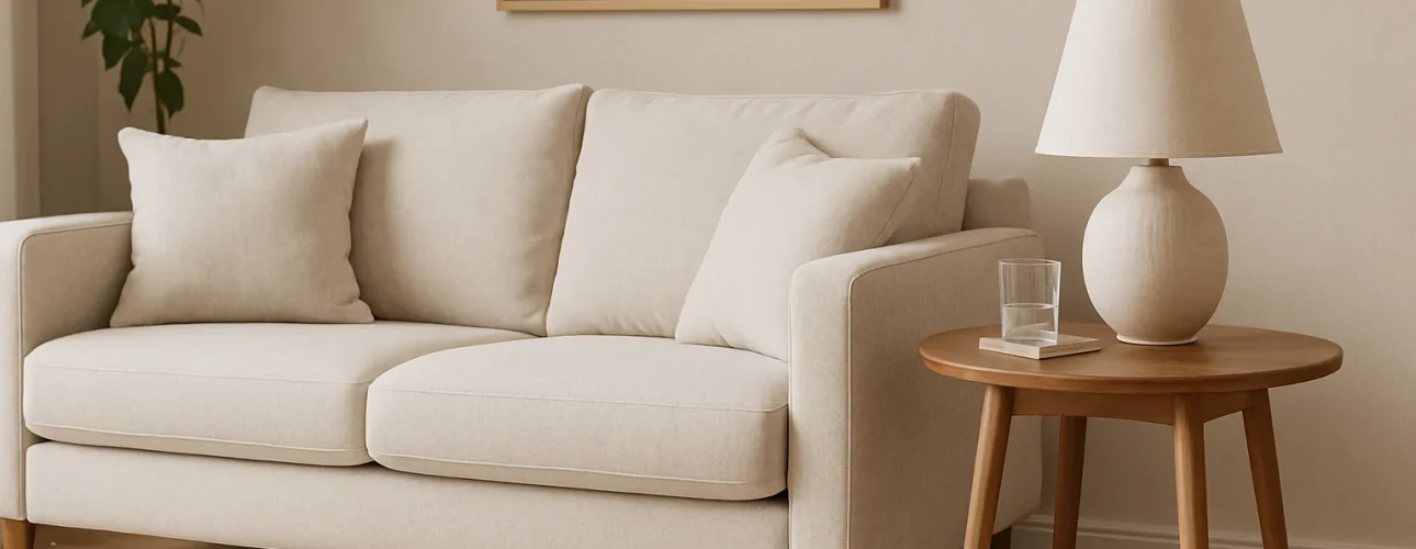 Een beige bank met twee kussens staat naast een houten bijzettafel met een witte lamp en een glas water, die de functie van een bijzettafel in huis laat zien. Een groene plant en ingelijste kunst maken deze gezellige, minimalistische woonkamer compleet.