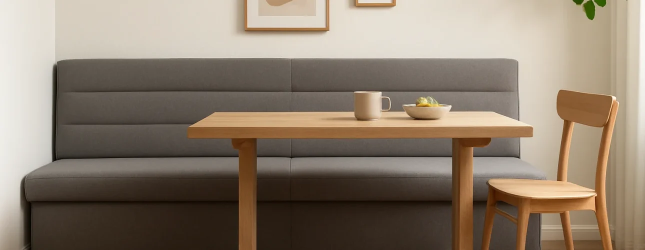 Een minimalistische eethoek met een houten tafel en stoel, een grijs gestoffeerde bank, ingelijste abstracte kunst en een neutrale inrichting die het verschil laat zien tussen belangrijke stukken zoals een salontafel en een bijzettafel bij het creëren van verschillende functionele ruimtes.