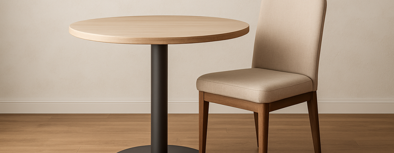 Een ronde houten tafel met een zwart onderstel staat naast een beige gestoffeerde stoel met de juiste hoogte om stoel te zijn bij een tafel van 105 cm, op een lichthouten vloer tegen een effen lichtkleurige muur.