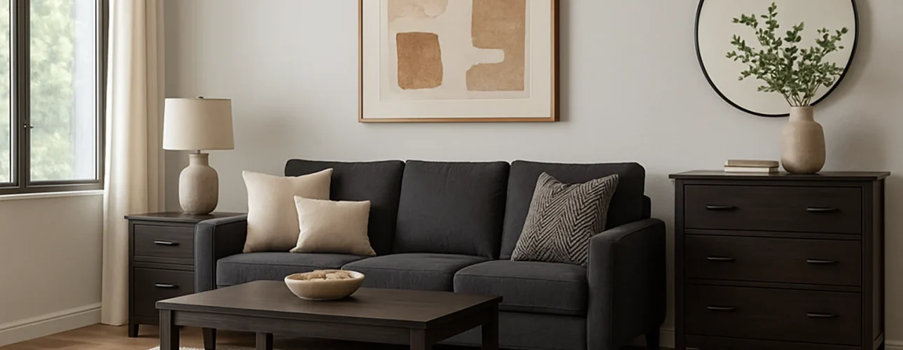 Een moderne woonkamer met een donkergrijze bank - perfect voor mensen die zich afvragen "hoe kan ik donkere meubels combineren"-neutrale kussens, een houten salontafel, bijzettafeltjes met een lamp, abstracte muurkunst en een groot raam met lichte gordijnen.