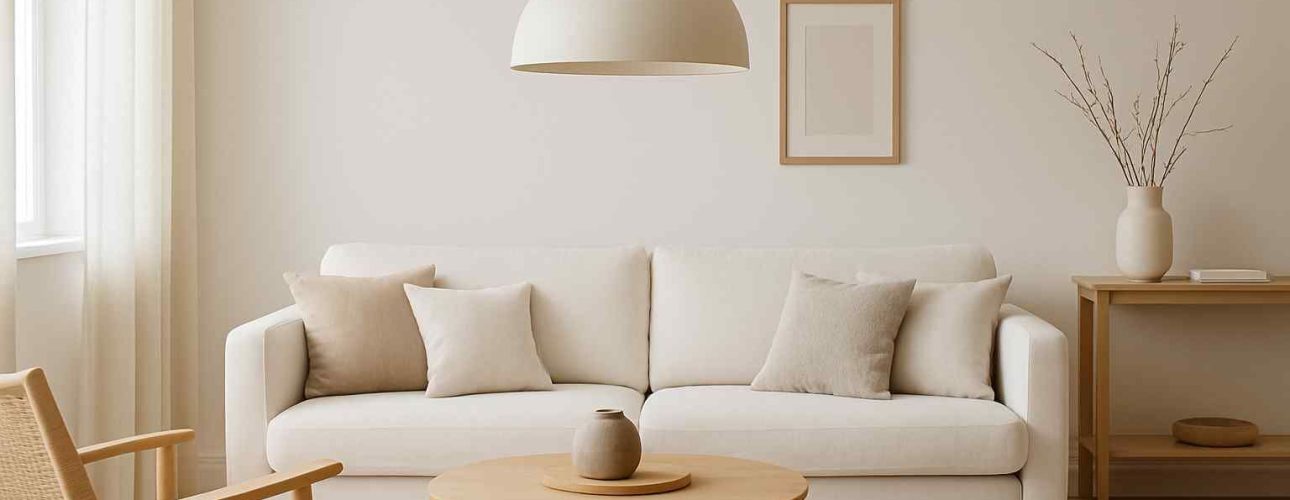 Lichte woonkamer met een witte zitbank, houten stoel en ronde tafel. Een hanglamp in Scandinavische stijl zorgt voor zacht licht.