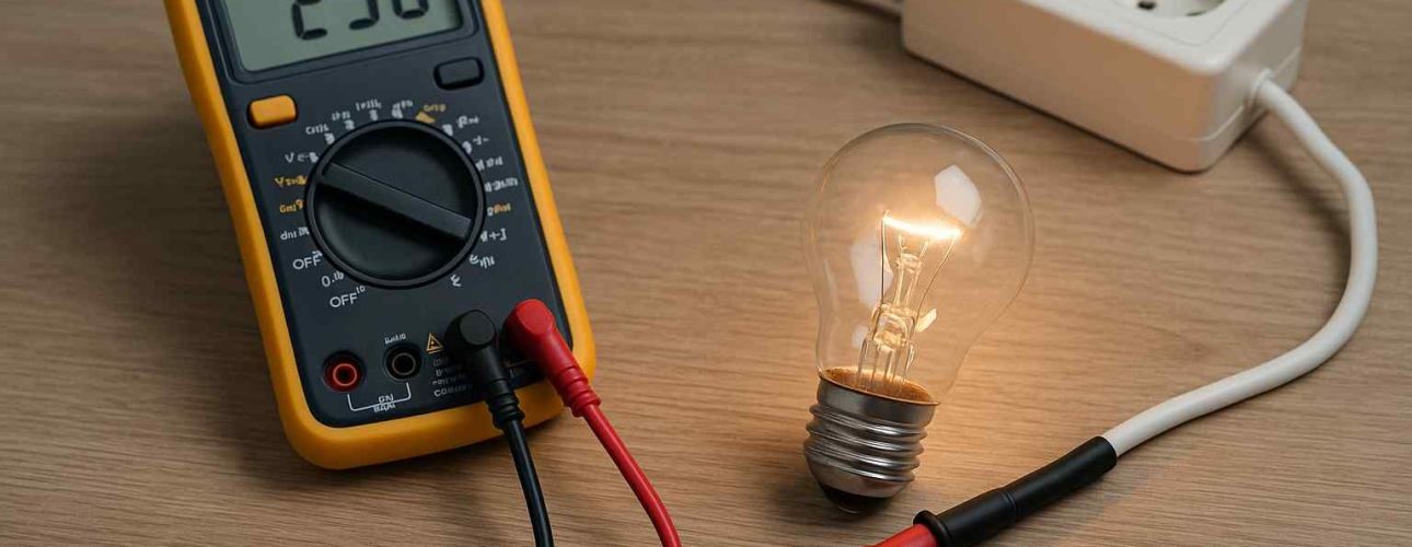 Multimeter met snoeren, stopcontact en gloeilamp op houten ondergrond. De lamp brandt helder. Testen van elektriciteit.