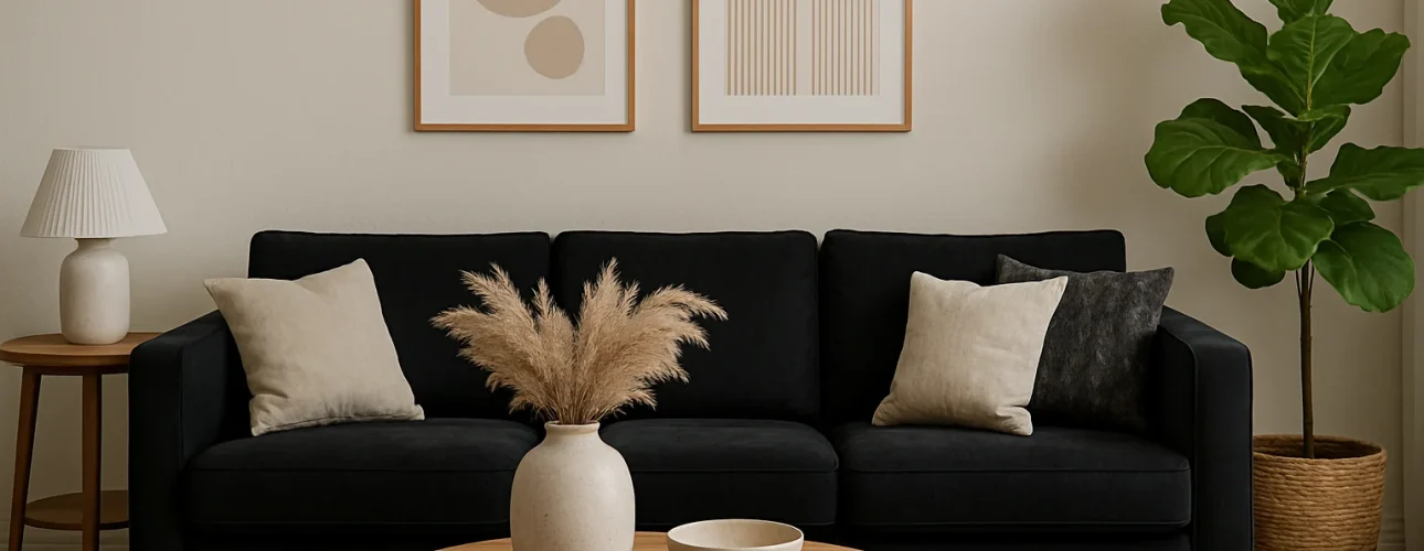 Een moderne woonkamer laat zien hoe je een zwarte bank (hoe kan ik een zwarte bank stylen) kunt stylen met neutrale kussens, twee ingelijste abstracte prints, een houten salontafel met pampagras, een potplant en een strakke tafellamp.