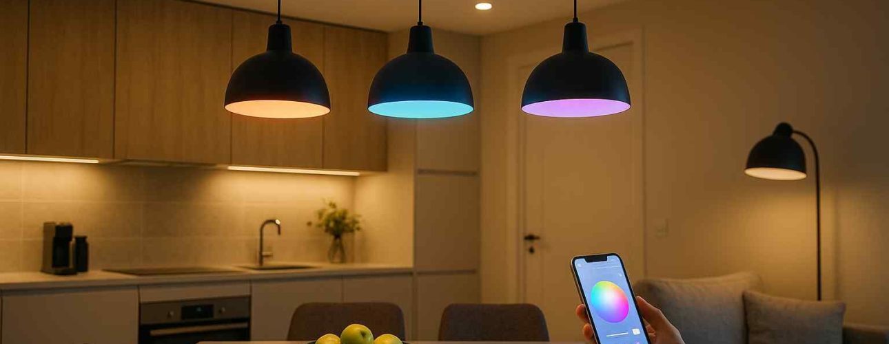 Slimme hanglampen boven een tafel met fruit; een hand bedient een telefoon met kleurenscherm. Warme sfeerverlichting in de woonkamer.