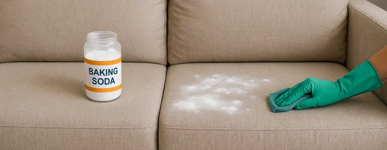 Een hand in een groene handschoen gebruikt een doek om zuiveringszout van een beige kussen van een bank te halen, om te laten zien hoe je kunt antwoorden op de vraag "kan ik meubelstof reinigen met zuiveringszout" met een eenvoudige schoonmaakmethode. Een pot met etiket staat vlakbij op de bank.