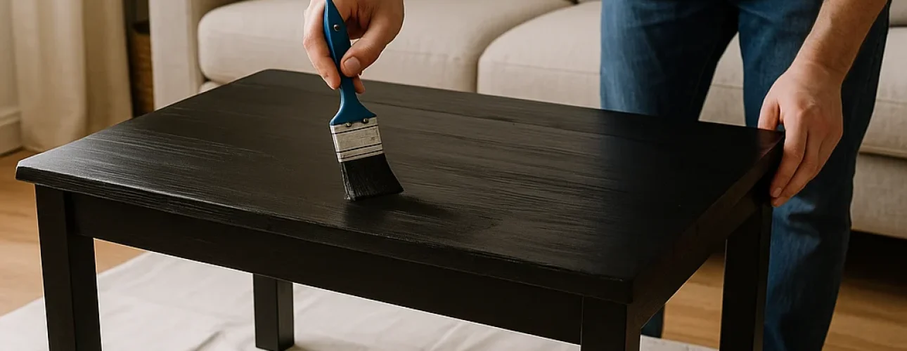 Een persoon schildert een zwarte houten salontafel met een kwast, waarbij zwarte verf uit een open blik wordt gebruikt. Geïnspireerd door de vraag: "Hoe kan ik mijn salontafel zwart verven?.