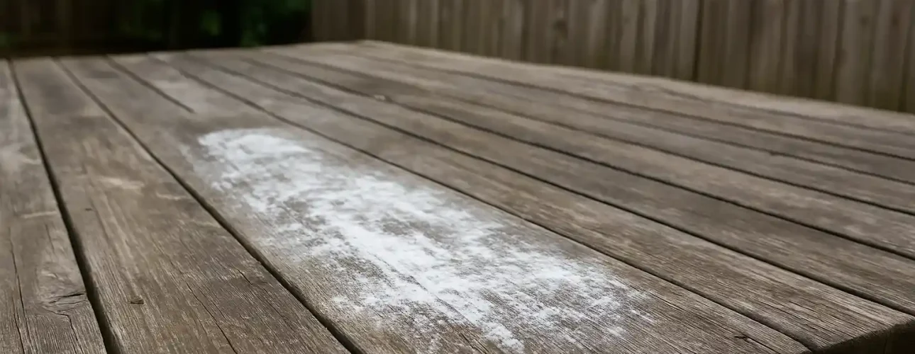 Een verweerde houten buitentafel met een zichtbare witte vlek of residu op het oppervlak, in de buurt van een houten hek en groen op de achtergrond. Zoek je: hoe kan ik witte uitslag verwijderen?.