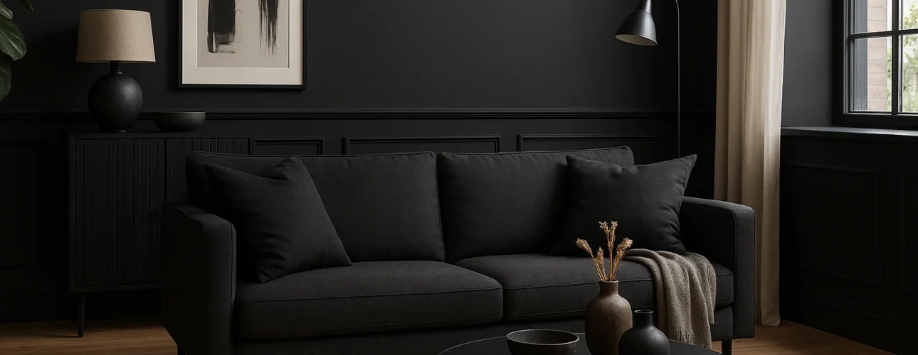 Een moderne woonkamer met zwarte muren laat zien hoe stijlvol het is om zwart te combineren in je interieur; met een donkergrijze bank, zwarte salontafel en dressoir, abstracte muurkunst en een groot raam met crèmekleurige gordijnen voor natuurlijk licht.