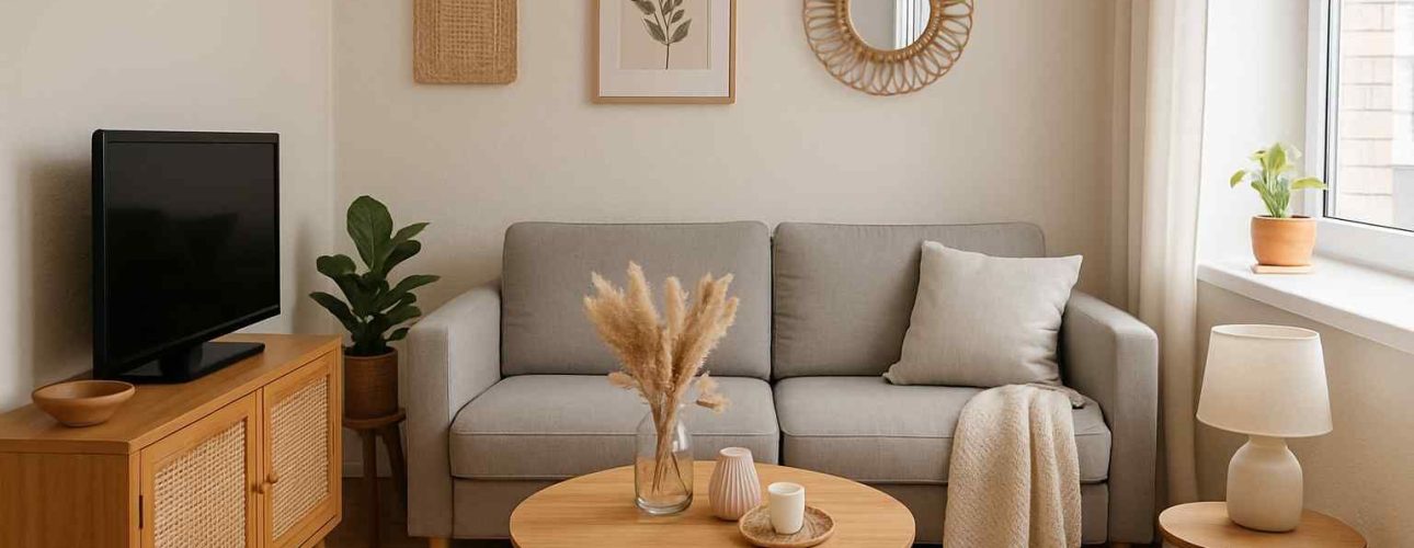 Cozy living room with grijze sofa, houten tafel, and woven decor. Zachte kleuren en natuurlijk licht make it feel ruimtelijk. Modern interieur.