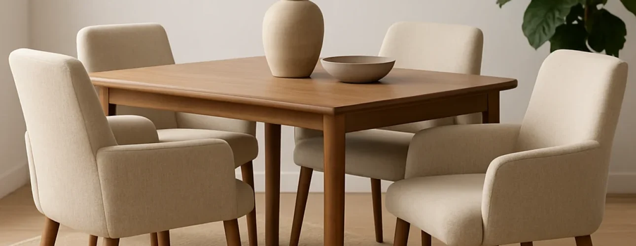 Een moderne eetkamer met een houten tafel, vier beige gestoffeerde stoelen - perfect voor wie zich afvraagt "hoe kies je de beste beige eetkamerstoelen" - een vaas met gedroogd gras, een ingelijste foto aan de muur en een potplant op een beige vloerkleed.