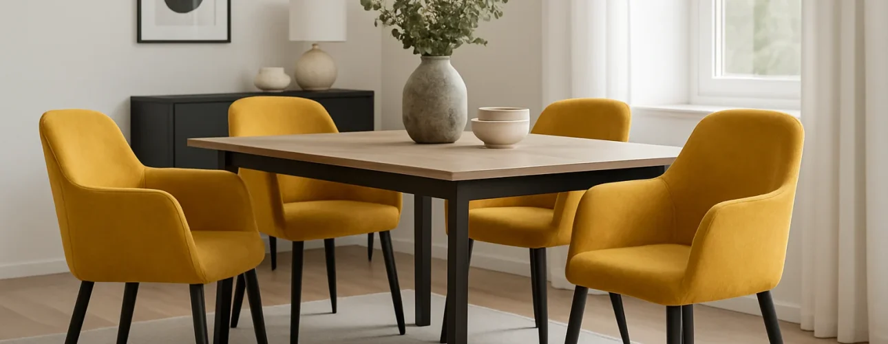 Een moderne eetkamer met een houten tafel, vier geel gestoffeerde stoelen - perfect als je je afvraagt "Hoe kies je de beste gele eetkamerstoelen" - een grijze vaas met groen, een schaal, een zwart dressoir, ingelijste abstracte kunst, een lamp en een raam met wit gordijn.