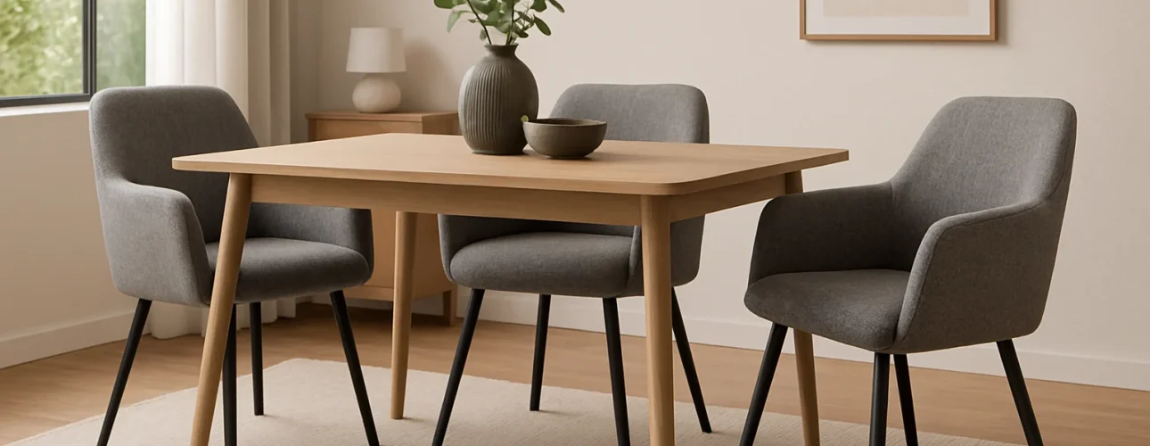Een moderne eetkamer met een houten tafel, vier grijs gestoffeerde stoelen -hoe kies je de beste grijze eetkamerstoelen- op een beige vloerkleed, minimale decoratie waaronder een vaas met groene takken en een schaal. Zonlicht stroomt naar binnen vanuit een raam aan de linkerkant.