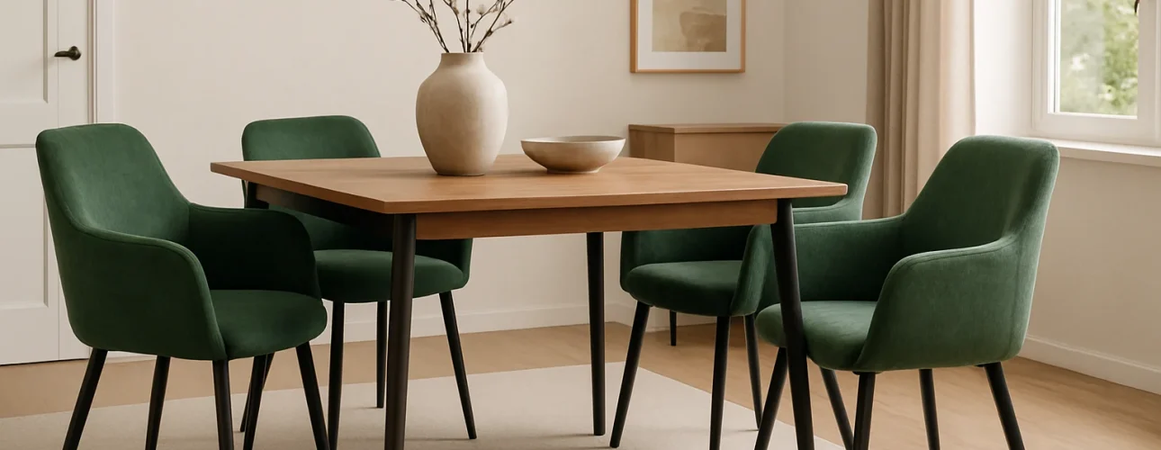 Een minimale eetkamer met een vierkante houten tafel, vier groen gestoffeerde stoelen - perfect voor wie zich afvraagt "Hoe kies je de beste groene eetkamerstoelen" - een beige vloerkleed, een keramieken vaas met takken en neutrale muurkunst die zachtjes wordt verlicht door natuurlijk zonlicht.