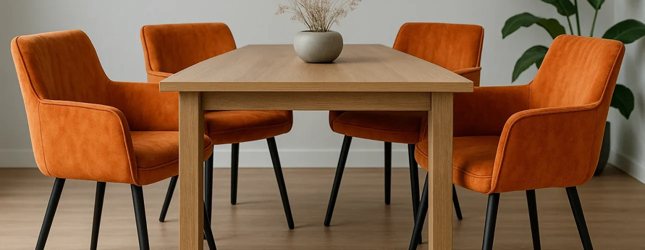 Een houten eettafel met vier oranje gestoffeerde stoelen-hoe kies je de juiste oranje eetkamerstoelen-paar met een grijze vaas met gedroogde bloemen en een grote groene plant op de achtergrond op een lichte houten vloer.