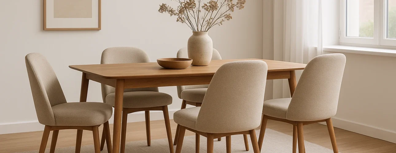 Een minimalistische eetkamer met een houten tafel, zes beige gestoffeerde stoelen - perfect voor wie zich afvraagt "hoe kies je de juiste beige eetkamerstoelen" - een grote vaas met droogbloemen, lichthouten vloeren, een neutraal vloerkleed, abstracte kunst en transparante gordijnen.