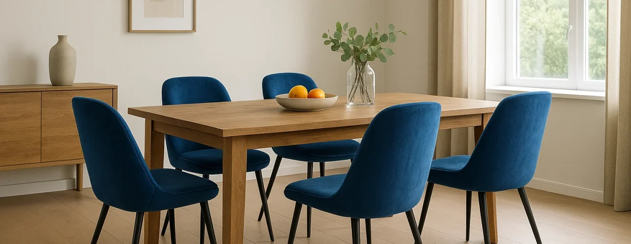 Een moderne eetkamer met een houten tafel omringd door zes blauwe stoelen -hoe kies je de juiste blauwe eetkamerstoelen- plus een schaal sinaasappels, een glazen vaas met groen en een hanglamp. Licht stroomt naar binnen door een groot raam met beige gordijnen.