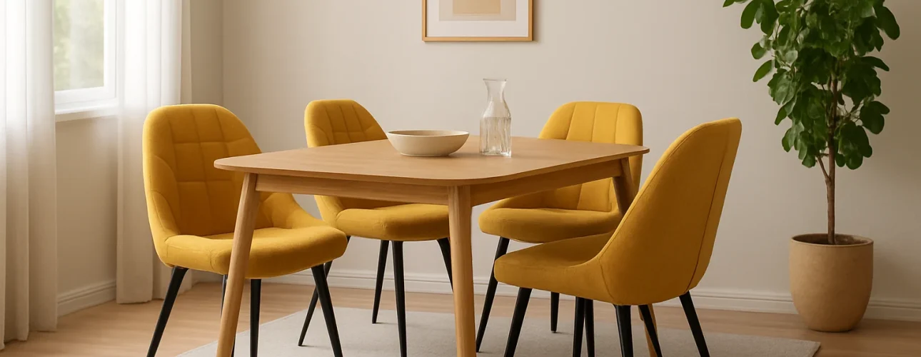 Een minimalistische eetkamer met een houten tafel, vier gele stoelen met kussens -hoe kies je de juiste gele eetkamerstoelen- een beige vloerkleed, een potplant, een schaal en karaf op tafel, abstracte muurkunst, allemaal in een zacht verlichte ruimte.