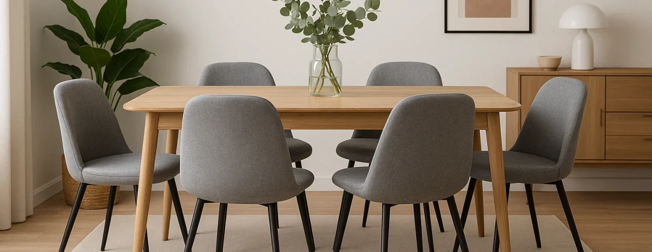 Een moderne eetkamer met een houten tafel, zes grijs gestoffeerde stoelen - perfect voor wie zich afvraagt hoe kies je de juiste grijze eetkamerstoelen - een vaas met groene bladeren, een licht vloerkleed, een plant, een dressoir, een witte lamp en abstracte kunst aan de muur.