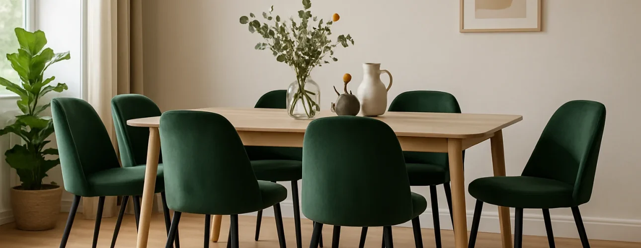 Een eetkamer met een houten tafel omringd door zes groen gestoffeerde stoelen - perfect als je je afvraagt: "Hoe kies je de juiste groene eetkamerstoelen?". Natuurlijk licht, een witte hanglamp, muurkunst en groen maken deze minimalistische ruimte compleet.