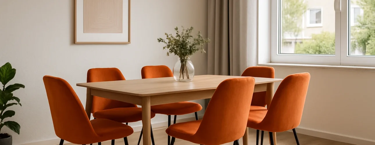 Een moderne eetkamer met een lichte houten tafel omringd door zes oranje fluwelen stoelen -hoe kies je de juiste oranje eetkamerstoelen- plus een vaas met groen, een groot raam met beige gordijnen, abstracte kunst en een potplant in de hoek.