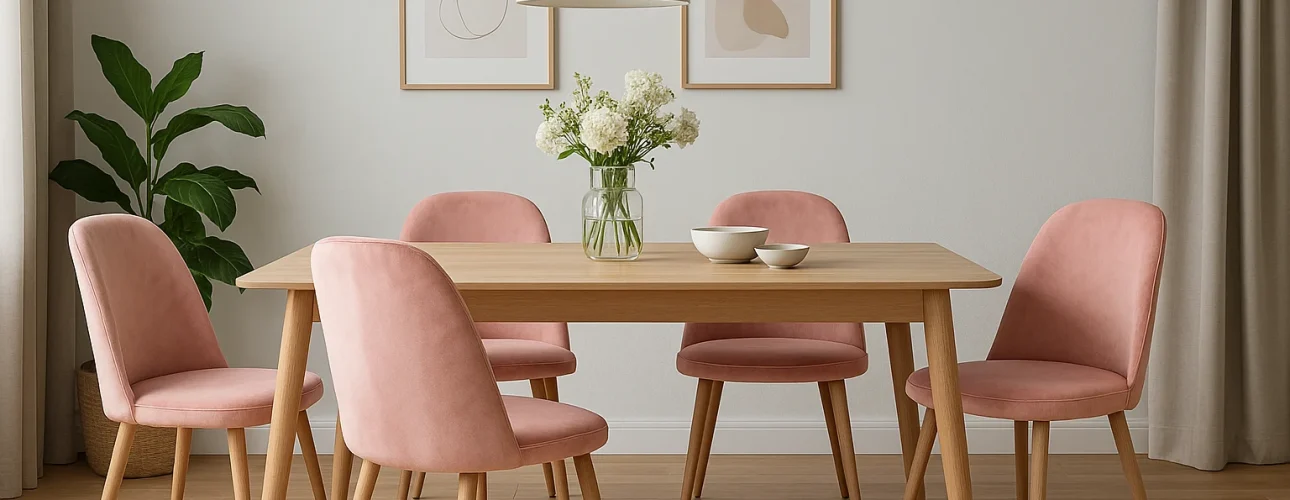 Een moderne eetkamer met een houten tafel en vijf roze gestoffeerde stoelen - perfect voor wie zich afvraagt "Hoe kies je de juiste roze eetkamerstoelen?". Geaccentueerd door een vaas met witte bloemen, abstracte kunst, een hanglamp, beige gordijnen en een plant in de hoek.