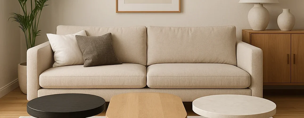 Een moderne woonkamer met een beige bank, drie ronde salontafels - perfect voor wie zich afvraagt "hoe kies je de juiste salontafel" - een potplant, dressoir met lamp, ingelijste kunstwerken, alles op een licht vloerkleed en een houten vloer.