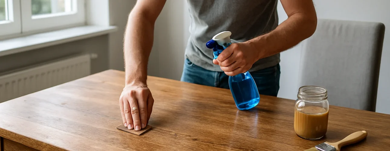 Een persoon in een grijs t-shirt maakt een houten tafel schoon met een spuitfles en een doek. Hij vraagt zich af "Hoe krijg je een houten tafel weer mooi?". Vlakbij staan een pot met vloeistof en een verfkwast, zonlicht schijnt door het raam op de achtergrond.