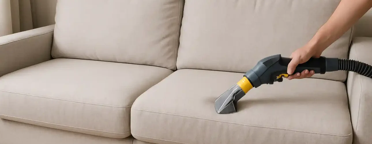 Een persoon gebruikt een handstofzuiger om de kussens van een lichtbeige stoffen bank in een woonkamer schoon te maken-zo krijg je een lichte bank schoon en blijft hij er fris uitzien.