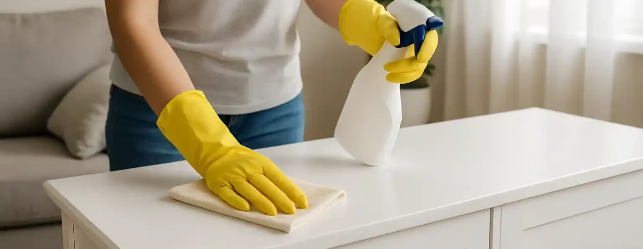 Een persoon met gele rubberen handschoenen maakt een witte kast schoon met een doek en een spuitfles en laat zien hoe je witte meubels weer wit krijgt in een lichte, opgeruimde kamer met een bank en gordijnen op de achtergrond.