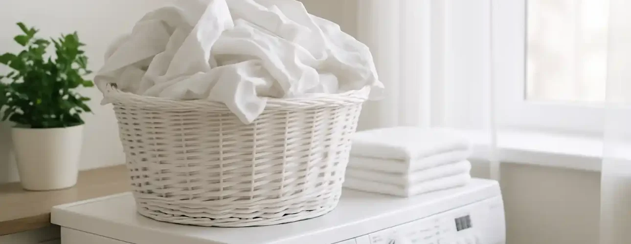 Een witte rieten wasmand gevuld met schoon wit linnengoed staat bovenop de wasmachine-krijg je witte was weer stralend schoon naast netjes opgevouwen handdoeken, met een plant in potten en zonlicht dat door het raam naar binnen schijnt.