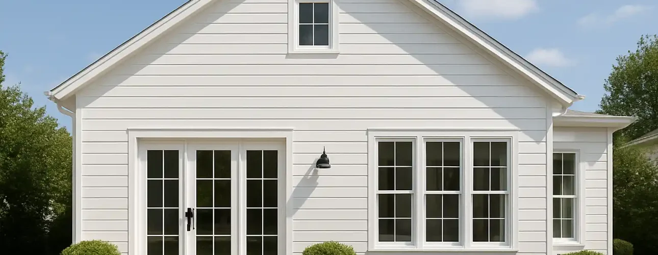 Een klein, modern wit huis met een zadeldak, dubbele glazen deuren en verschillende grote ramen wordt omringd door netjes gesnoeide struiken-kun je een volledig wit huis zien tegen een blauwe lucht met verspreide wolken.