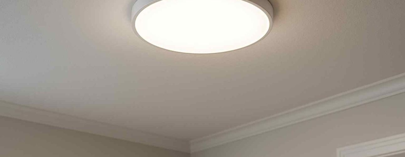 Woonkamer plafondlamp LED, ronde vorm. De lamp geeft helder wit licht en is gemonteerd tegen een wit plafond in een kamer met grijze muren.