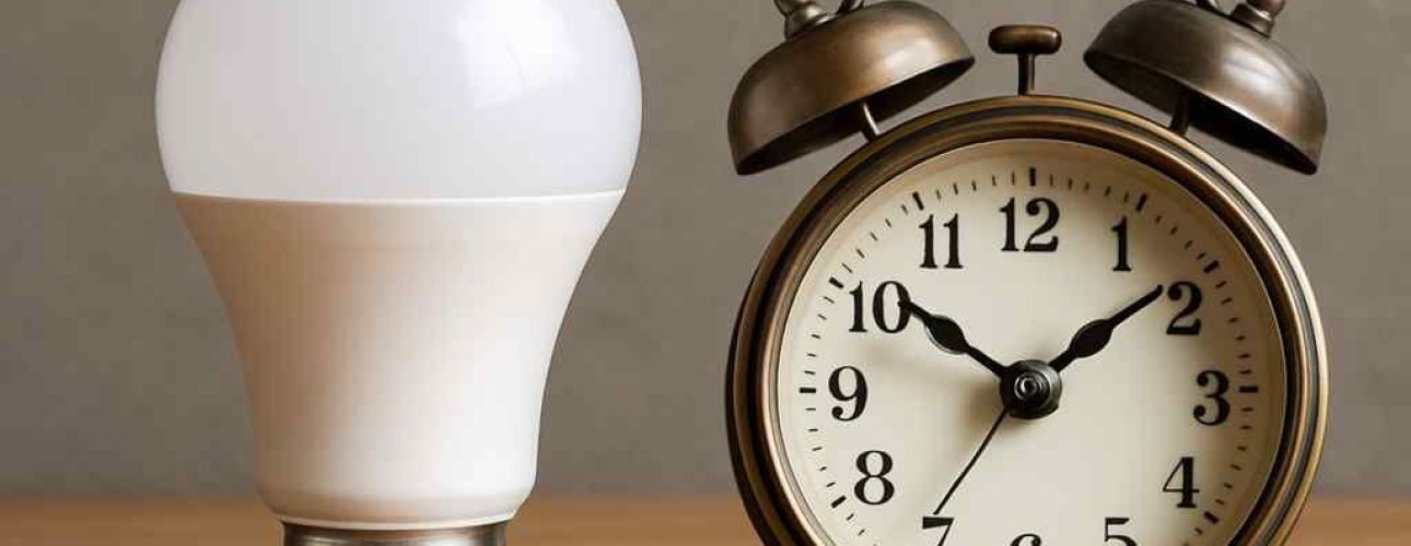 Een witte LED-lamp naast een bronzen wekker op een houten tafel. Zachte belichting. Grijze achtergrond. Duurzaam design voor jouw woonkamer.