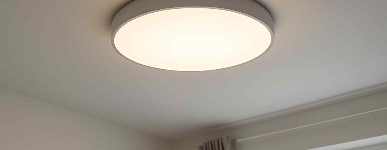 Een ronde LED plafondlamp straalt helder wit licht in een kamer met witte muren. Het design is modern en minimalistisch, passend bij een comfortabele woonkamer.