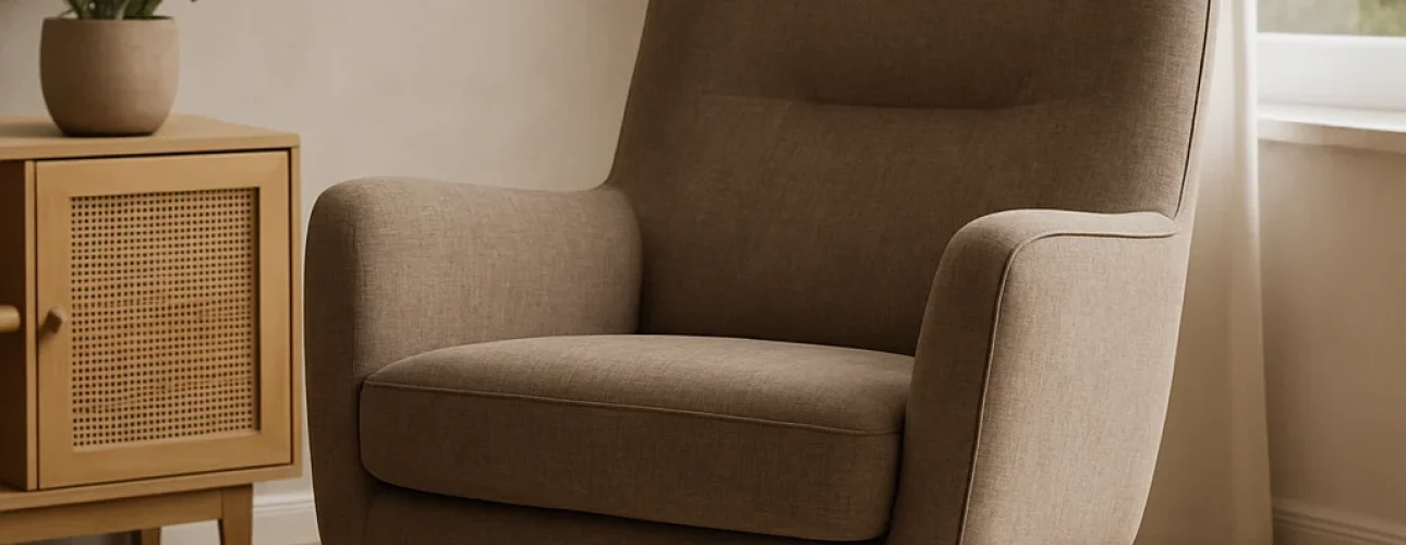 Een moderne beige fauteuil met houten poten staat op een licht vloerkleed in een gezellige kamer, naast een houten kast met een potplant en een raam met witte gordijnen - perfect om je af te vragen wat het verschil is tussen een salontafel en een bijzettafel.