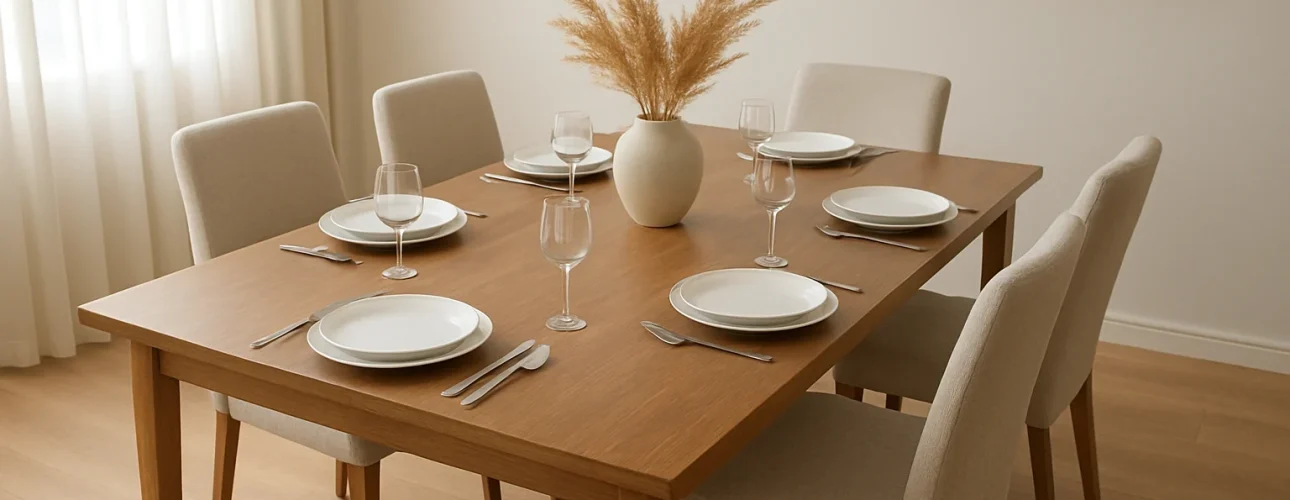 Een houten eettafel voor zes personen met witte borden, zilveren bestek, wijnglazen en beige gestoffeerde stoelen - perfect als je je afvraagt hoe lang een eettafel moet zijn voor zes personen in een lichte, minimalistische kamer: Hoe lang moet een eettafel zijn voor 6 personen in een lichte, minimalistische kamer.