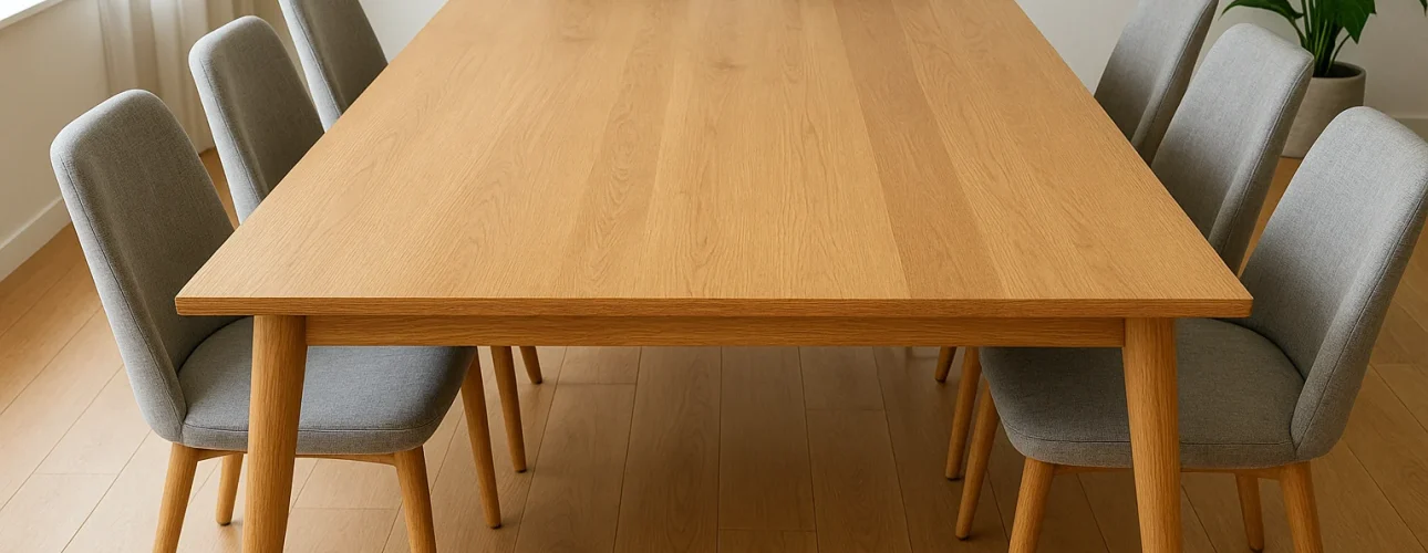 Een rechthoekige houten eettafel, perfect voor bijeenkomsten, met acht grijs gestoffeerde stoelen eromheen - ideaal als je bedenkt "hoe lang moet een tafel zijn om plaats" voor meerdere gasten in een lichte kamer met houten vloeren en witte muren.