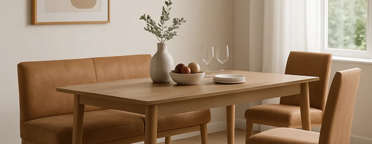Een moderne eetkamer met een houten tafel, twee bruine gestoffeerde stoelen en een bijpassende bank - wat het verschil is tussen een salontafel en een bijzettafel. Een vaas met groen en minimalistische kunst maken de look bij het grote raam compleet.