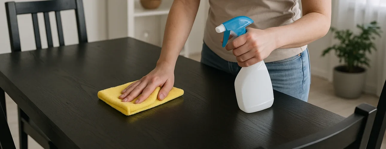 Een persoon demonstreert "hoe maak ik een zwarte houten tafel schoon" door een zwarte tafel schoon te maken met een gele doek en spuitfles in een lichte kamer met stoelen, planken en een plant op de achtergrond.