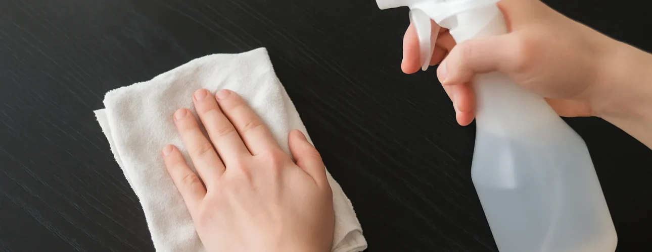 Iemand demonstreert hoe je matzwart hout schoonmaakt (hoe maak ik matzwart hout schoon) door een spuitfles in de ene hand te houden en het oppervlak af te vegen met een witte doek, zodat het vlek- en streeploos blijft.