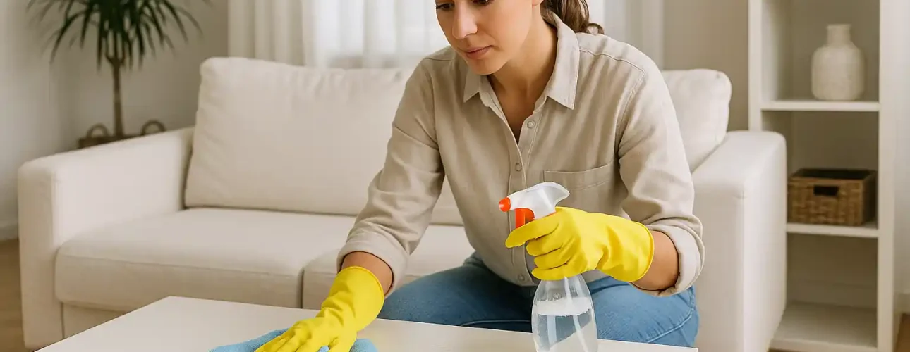Een vrouw met gele rubberen handschoenen maakt een witte salontafel schoon met een blauwe doek en spuitfles in een woonkamer. Ze laat zien hoe maak ik witte meubels schoon voor een vlekkeloos resultaat. Op de achtergrond staan een witte bank en een potplant.