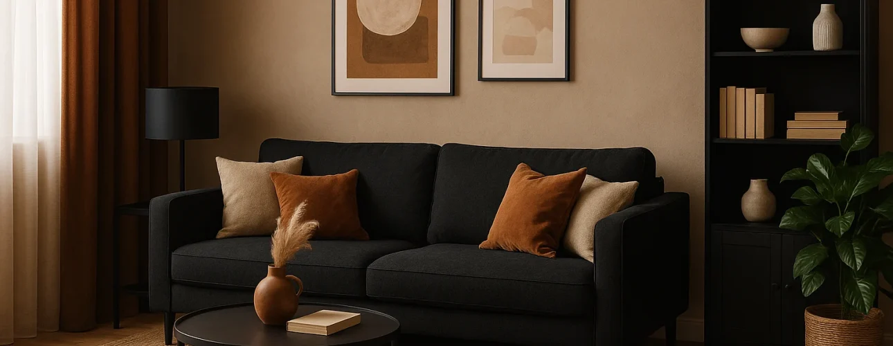 Een gezellige woonkamer met een zwarte bank, bruine en beige kussens, abstracte kunst en een groene potplant laat zien hoe je een kamer warmer maakt met uitnodigende neutrale tinten en een doordachte inrichting.