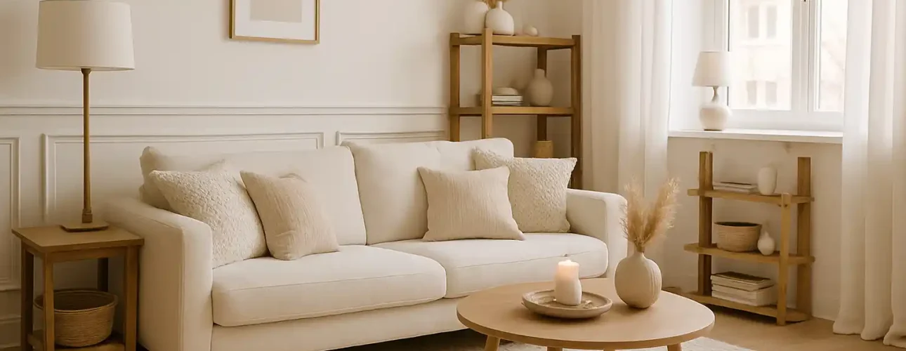 Een moderne woonkamer met een witte bank, neutraal getinte kussens en een houten salontafel laat zien hoe je een wit interieur gezellig maakt, met kaarsen, decoratieve planken en natuurlijk licht door transparante gordijnen voor een knus maar luchtig gevoel.