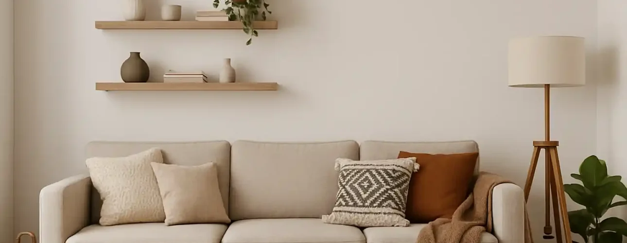 Een gezellige woonkamer met een beige bank, verschillende kussens, een bruine deken en potplanten tegen een witte muur - perfecte inspiratie voor hoe je een witte muur gezellig maakt met warme accenten en sfeervolle inrichting.