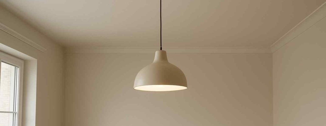 Beige design hanglamp aan plafond in lichte kamer. De lamp heeft een zachte, afgeronde vorm en geeft warm licht. Comfort en design in huis.