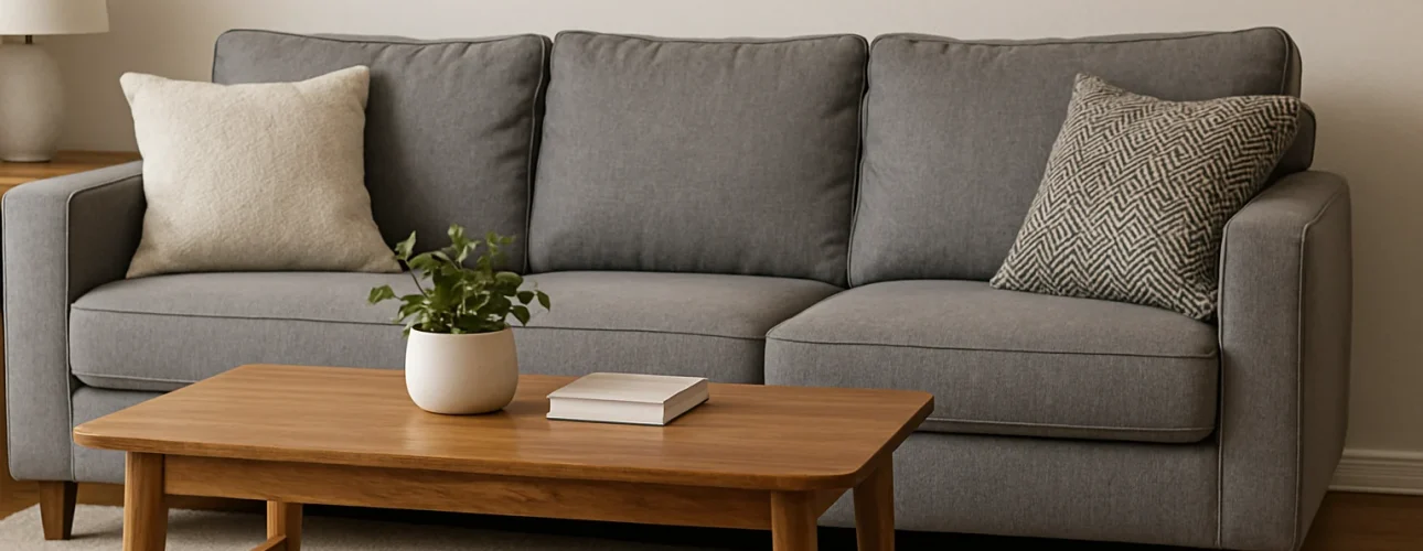 Een moderne woonkamer heeft een grijze bank, kussens met patronen, een houten salontafel met een potplant en een boek, en een lamp op een bijzettafel - perfect voor wie zich afvraagt: wat is de functie van een bijzettafel in huis.