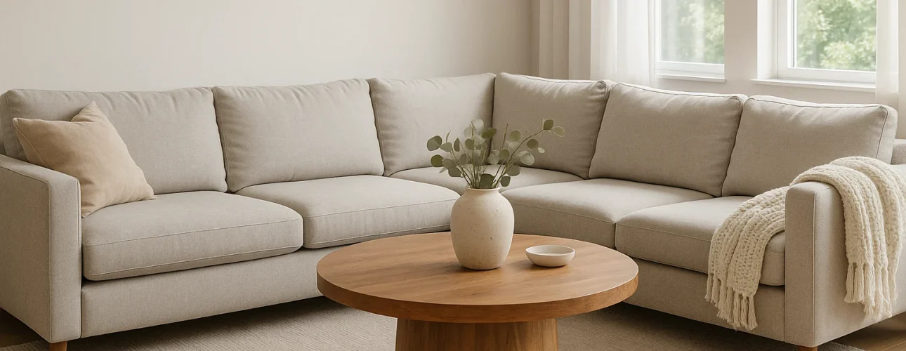 Een moderne woonkamer met een lichtgrijze sofa, houten ronde salontafel (hoe plaats je een salontafel), een vaas met groen, een beige gebreide deken en grote ramen met witte gordijnen die natuurlijk licht binnenlaten.