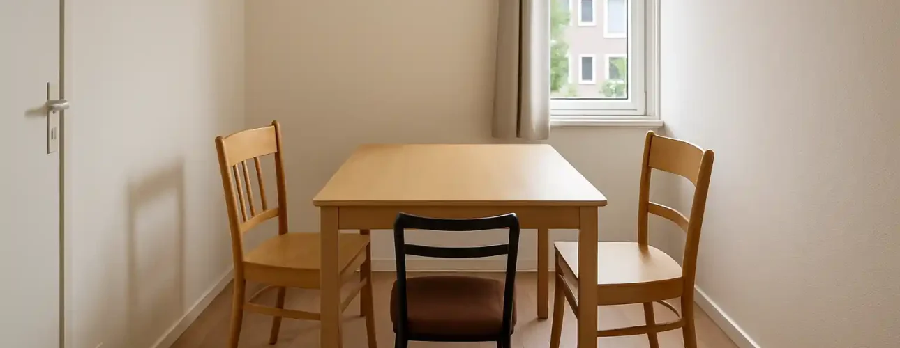 Een kleine, minimalistische kamer met een houten tafel en drie stoelen - twee van hout en een van zwart metaal - die er strategisch omheen staan, perfect voor wie zich afvraagt: hoe plaats je tafels in een kleine ruimte? Een raam met beige gordijnen laat daglicht binnen.