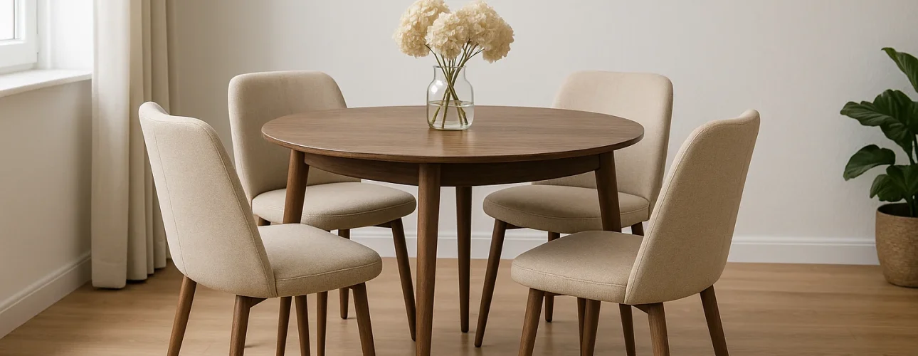 Een ronde houten tafel met een vaas witte bloemen en vier beige gestoffeerde stoelen toont hoe stijl je 4 beige eetkamerstoelen in een minimalistische kamer met een lichte houten vloer, een plant en veel natuurlijk licht van het raam.