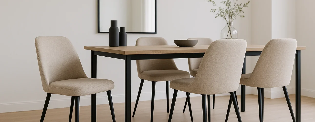 Een moderne eetkamer met een rechthoekige houten tafel, vier beige stoelen - perfect voor wie zich afvraagt "hoe stijl je beige eetkamerstoelen" - een zwarte vaas en schaal, een grote spiegel, minimalistische zwarte verlichting en een plant in een glazen vaas.